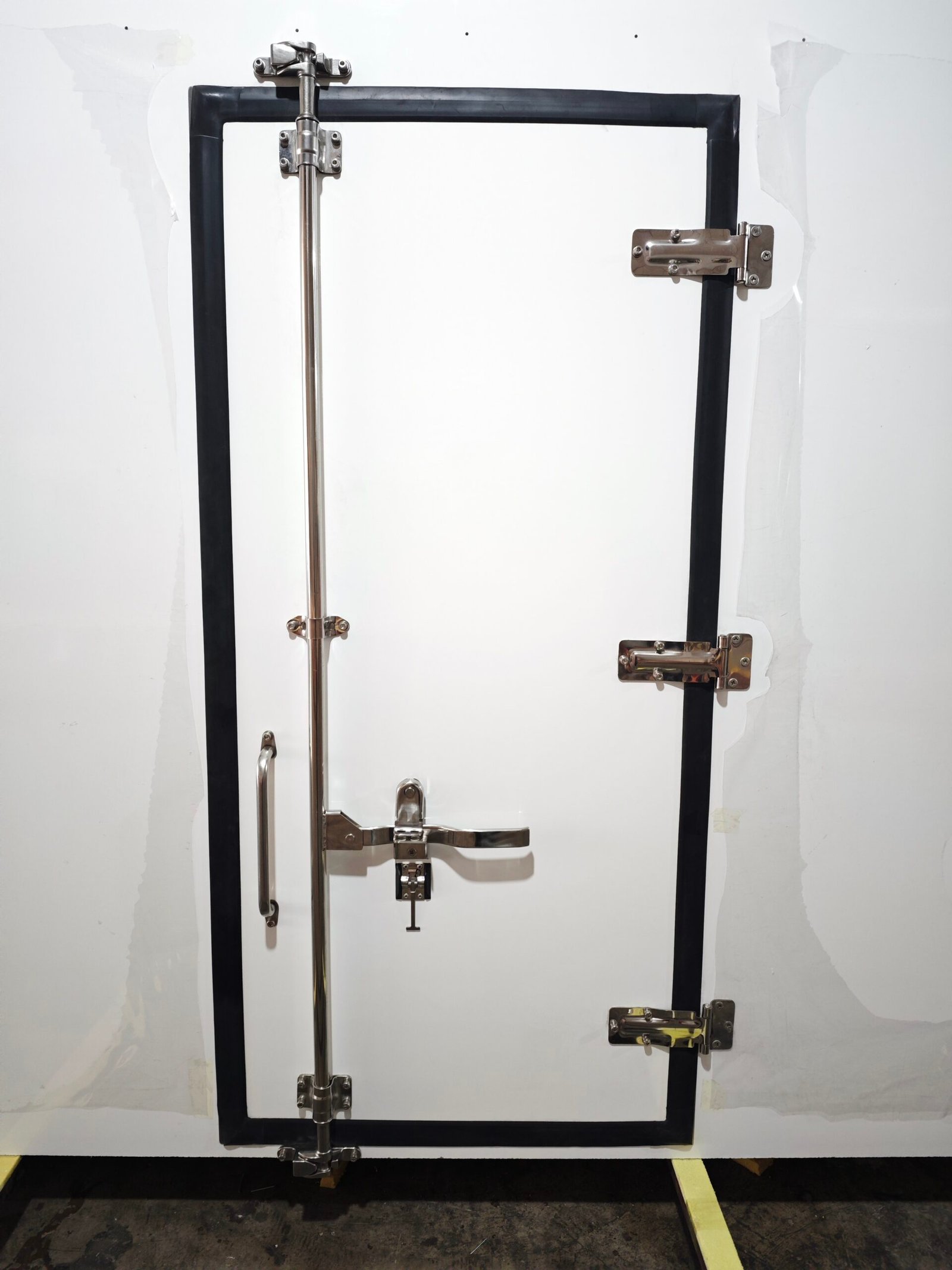 Insulated side door with locking rod, hinges and perimeter seal